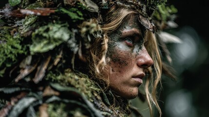 Close up portrait of a woman with dirt and camouflage on her face and body, set against a dark, blurred forest background. 