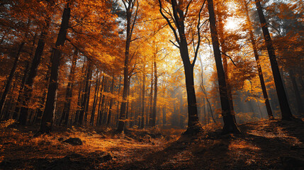 Obraz premium Autumn forest with golden leaves, sunlight filtering through orange canopy