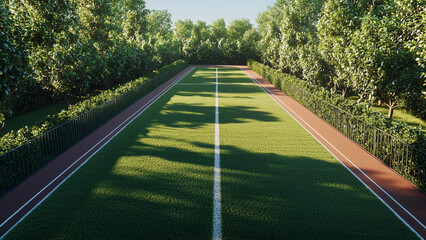 A wide, sunlit running track stretches through a meticulously manicured park, flanked by neatly trimmed hedges and lush green trees.