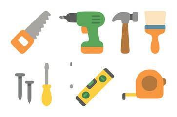 Children's Tool Icons. Flat vector mini-illustrations backyard fence tools in colors children's illustrations: