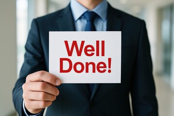 Obraz premium Professional Businessman Celebrates Achievement Holding a 'Well Done!' sign in red text, illustrating reward, recognition, and positive feedback in the workplace.