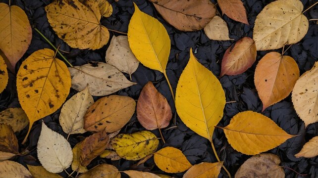 A vibrant arrangement of autumn leaves in various shades of yellow, brown, and orange on a dark surface, symbolizing the fall season.