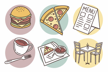 Illustration of food and restaurant icons isolated on white background