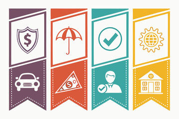 Vector art of collection of insurance icons representing various types of coverage