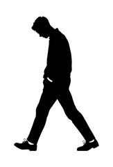 Black silhouette of a man walking with his hands in his pockets and head down, depicting sadness or deep thought, isolated without background