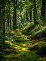 Fototapeta premium Sunlit Mossy Forest Trail
