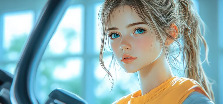 Cartoon character using a cross-trainer in a bright, motivating gym