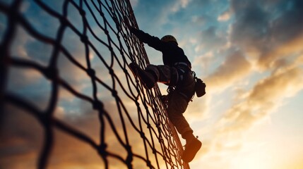 Obstacle course: soldier climbing net wall, dramatic sky in background,