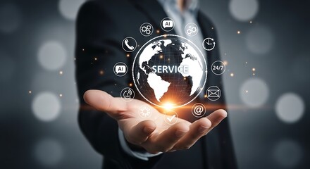 Global service concept with a man holding a digital globe surrounded by technology icons, representing worldwide business connections and innovative solutions for customers