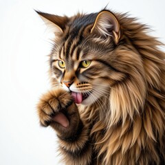 A majestic cat grooming itself with beautiful fur, showcasing its elegant features and vibrant eyes.