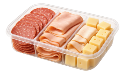 Compact vacuum-sealed box with mixed nuts and dried fruits in separate compartments.