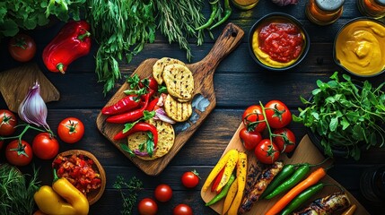 Fresh Vegetables and Condiments on Wooden Table for Healthy Eating
