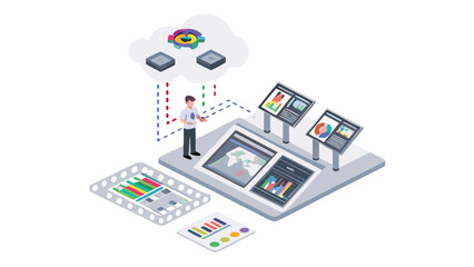 Man presenting data analytics from cloud using dashboards and charts in a modern interface