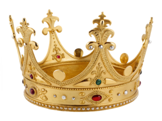 Ornate Gold Crown with Jewels Symbolizing Royalty Power and Authority on a Black Background for Editorial Use