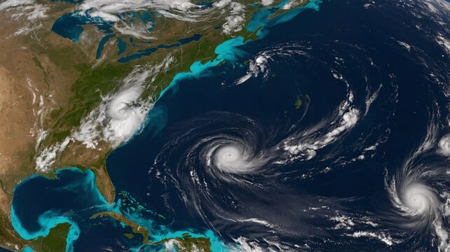 Satellite view of powerful hurricanes swirling in the Atlantic Ocean, showcasing their vastness and strength during storm season.