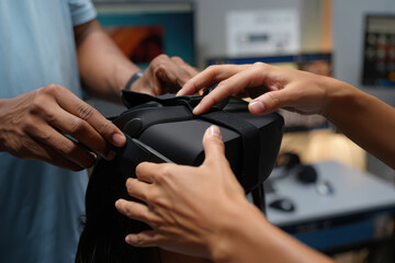 Hands adjusting virtual reality headset for immersive digital experience, exploring future technology and virtual worlds together in collaborative innovation.