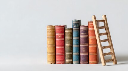 Naklejka premium Miniature ladder leaning against a row of colorful books isolated on white background