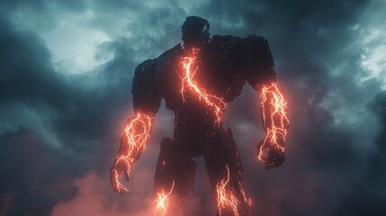 Huge electrically charged robot figure in dark stormy sky