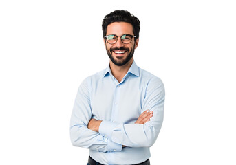 Confident young businessman with glasses and arms crossed smiling on a transparent background