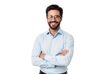 Confident young businessman with glasses and arms crossed smiling on a transparent background