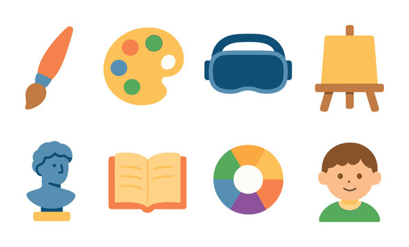 Virtual Art Class Icons. Flat vector mini-illustrations virtual art classes in colors children's illustrations