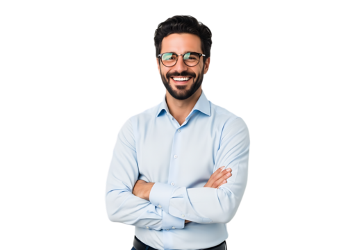 Confident young businessman with glasses and arms crossed smiling on a transparent background
