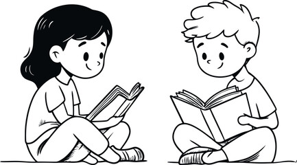 Kids read a book that contains one continuous line drawing with an education theme