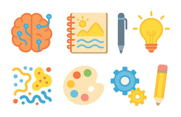 Creative Tools Icons. Flat vector mini-illustrations generative design tools in colors children's