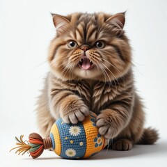 A playful Persian cat with a colorful toy, showcasing its cute expression and fluffy fur.