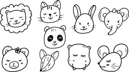 Cute Animal Faces Doodle Set – Cat, Rabbit, Panda, Hamster, Cartoon, Animal, Face, Cute, Fun, Hand Drawn, Doodle, Sketch, Vector, Child, Decorative, Playful, Minimal, Isolated