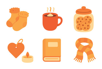 Cozy Gift Icons. Flat vector mini-illustrations warm and fuzzy gifts in colors children's illustrations: fuzzy