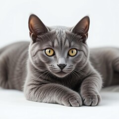 Obraz premium A serene gray cat with striking eyes lounges gracefully, showcasing its calm and curious nature.