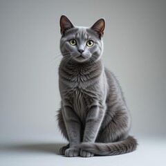 A stunning gray cat sits gracefully, showcasing its silky fur and striking green eyes against a simple backdrop.