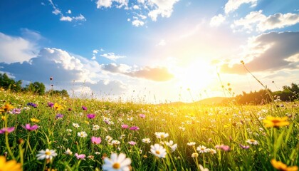 Fototapeta premium Vibrant Flowers Field Under Sunny Sky