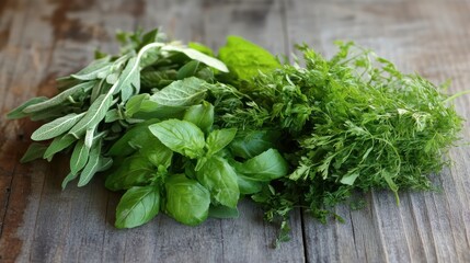 Fresh Culinary Herbs Including Basil, Sage, and Dill on Wooden Surface