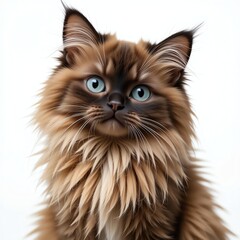 A stunning fluffy cat with bright blue eyes, showcasing its beautiful fur and charming expression against a clean background.
