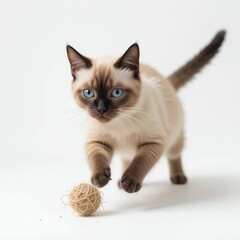 Adorable Siamese cat playfully chasing a ball of yarn, showcasing its curiosity and playful nature.