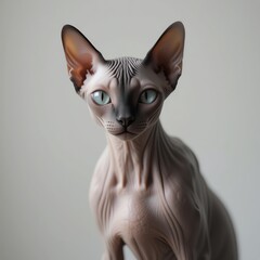 Close-up of a Sphynx cat, showcasing its distinctive features and large, expressive eyes against a neutral backdrop.