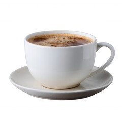 Fototapeta premium A steaming cup of coffee in a white ceramic mug, set on a matching saucer. The rich aroma wafts, inviting coffee lovers to indulge in this warm beverage.