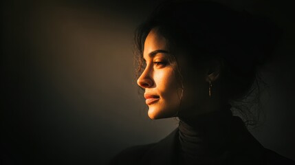 Close up portrait of a young woman, lit by warm golden light, against a dark background. Her expression is pensive and serene.