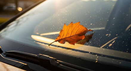 A single autumn leaf rests on a car windshield with sunlight reflecting on the glass surface