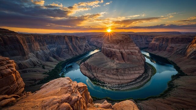 A breathtaking view of Horseshoe Bend at sunset, showcasing vibrant sky colors reflecting on the winding river.