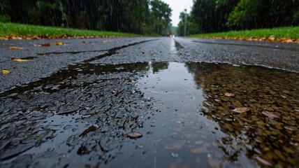 Fototapeta premium A serene rain-soaked road reflects trees, creating a moody atmosphere on a quiet day.