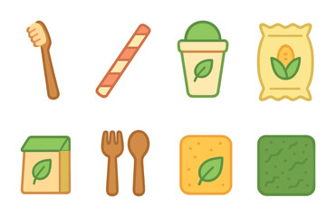 Eco-friendly Icons Grid. Flat vector mini-illustrations of biodegradable alternatives in colors children's