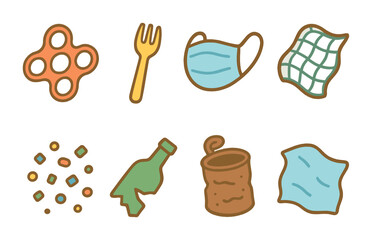 Ocean Waste Icons. Flat vector mini-illustrations of harmful ocean waste in colors children's illustrations:
