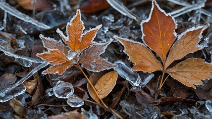Fototapeta premium Two brown maple leaves covered in frost, resting on a bed of ice and fallen foliage, capturing the beauty of winter.