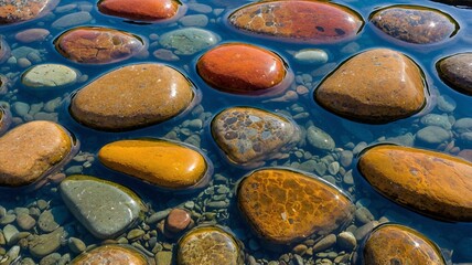 Colorful river stones submerged in clear water, showcasing vibrant hues of orange, red, green, and brown.