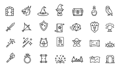  Role playing game icons set. Fantasy adventure symbols collection in minimal style. Suitable for...