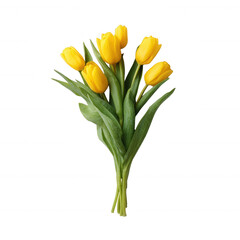 A vibrant bouquet of yellow tulips with fresh green leaves, beautifully arranged, perfect for spring decor or as a cheerful gift.