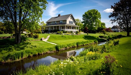 Obraz premium Picturesque two-story house nestled in verdant landscape with creek view creating tranquil scene